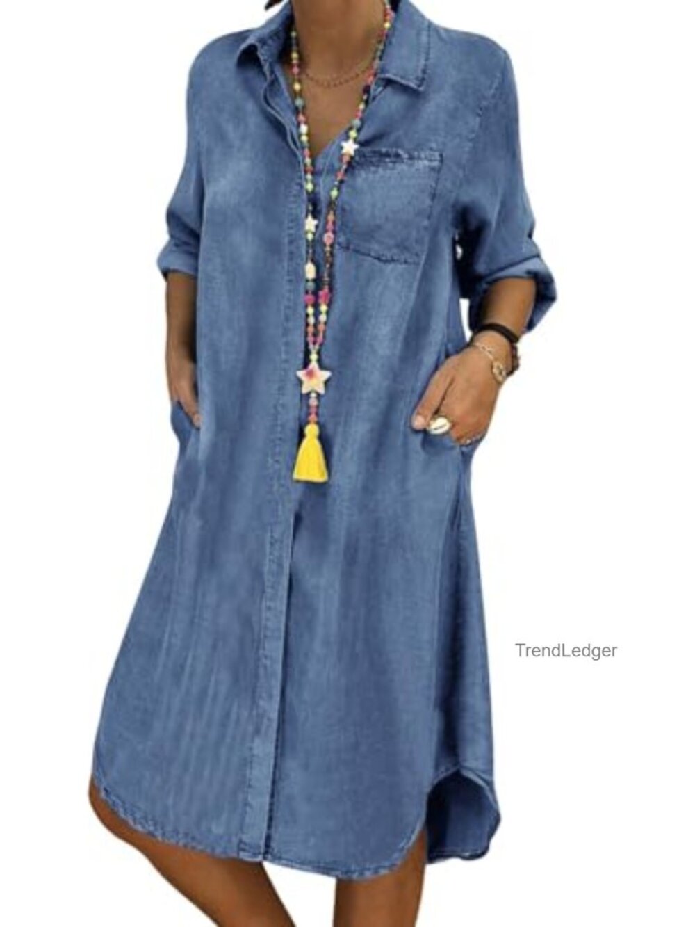 Women Casual Midi Denim Dress Long Sleeve Button Down Loose Fit with Pockets